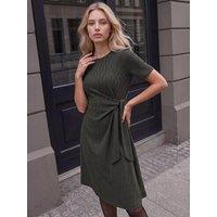 Roman Womens Petite Herringbone Tie Waist Knee Length Dress - Green