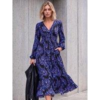Roman Womens Floral Shirred V-Neck Button Detail Dress - Purple