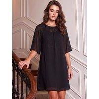 Roman Womens Petite Hotfix Drawstring Tunic Dress - Black