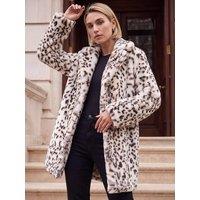 Roman Womens Leopard Print Longline Faux Fur Coat - Cream