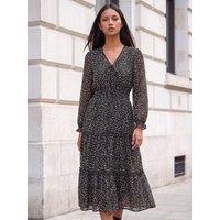 Roman Womens Petite Ditsy Shirred Waist Tiered Midi Dress - Black