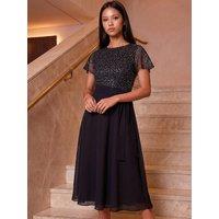 Roman Womens Petite Sequin Chiffon Textured Midi Dress - Black