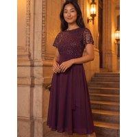 Roman Womens Petite Sequin Tie-Waist Chiffon Dress - Red