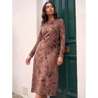 Roman Womens Floral Flocked Stretch Midi Dress - Brown