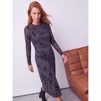 Roman Womens Flocked Floral Round Neck Midi Dress - Grey