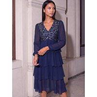 Roman Womens Petite Sequin Tiered Midi Dress - Blue