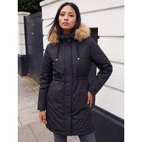 Roman Womens Petite Hooded Faux-Fur Trim Puffer Coat - Black