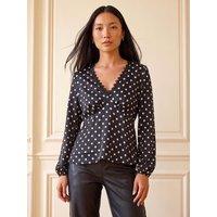 Roman Womens Spot Lace Trim V-Neck Blouse - Black