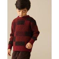 Angel & Rocket Boys Lewis Check Soft-Touch Knit Ribbed Hem Jumper - Dark Red