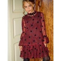 Angel & Rocket Girls Neve Flocked Heart Mesh Ruffle Dress - Burgundy