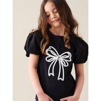 Angel & Rocket Girls Bow Embellished Puff Sleeve T-Shirt - Black