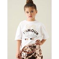 Angel & Rocket Girls Quinn L'Amour Paris Slogan Bow Detail T-Shirt - White