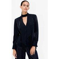 French Connection Womens Choker-Style Sheer V-Neck Blouse - Black