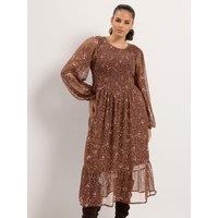 Yours Womens Curve Shirred Tiered Floral Midi Dress - Brown