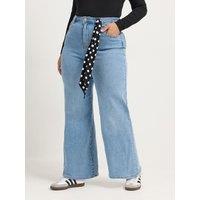 Yours Womens Curve Polka Dot Scarf Tie Wide Leg Jeans - Blue