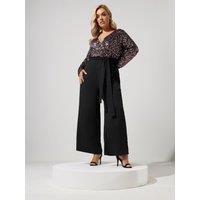 Yours Womens Curve Long Sleeve Sequin Tie Waist Jumpsuit - Black