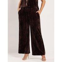 Yours Womens Curve Crushed Velour Drawstring Wide Leg 28" Trousers - Brown