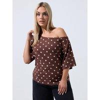 Yours Womens Curve Off The Shoulder Spot Print T-Shirt - Brown