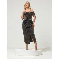 Yours Womens Curve Twist-Front Studded Velvet Dress - Brown