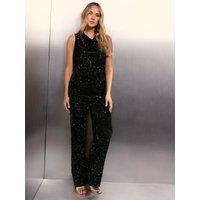 Yours Womens Tall Sequin Velvet Cowl Neck Wide Leg Jumpsuit - Black