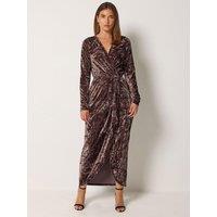 Yours Womens Tall Crushed Velvet Wrap Dress - Brown