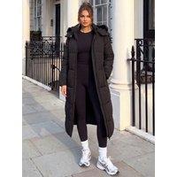 Ax Paris Womens Faux Fur Hooded Longline Padded Coat - Black