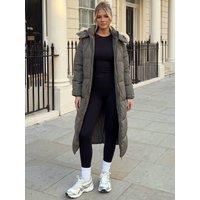 Ax Paris Womens Faux Fur Hooded Longline Padded Coat - Khaki