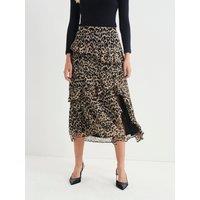Finery Womens Kat Animal Print Diagonal Ruffle Midi Skirt