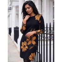Roman Womens Floral Jacquard Knee Length Long Sleeve Dress - Yellow