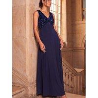 Roman Womens Sequin Bodice Wrap Front Maxi Dress - Blue