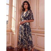 Roman Womens Flutter Foiltwist Twist Front Metallic Midi Dress - Blue