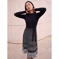 Roman Womens Pleated Tie Waist Midi Dress - Black