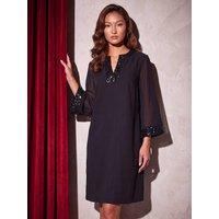 Roman Womens Sequin Trim Notch Neckline Long Sleeve Dress - Black