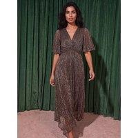 Roman Womens Foiltwist Flutter Sleeve Dress - Brown