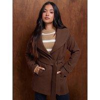 M &Co Petite Womens Petite Belted Midi Wide Collar Structured Coat - Brown