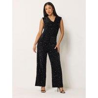 M &Co Petite Petite Sequin Velvet Cowl Neck Jumpsuit