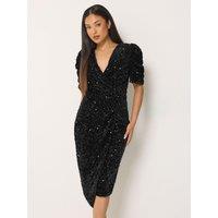 M &Co Petite Petite Sequin Velvet Short Sleeve Wrap Dress