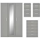 One Call Sanford Part Assembled High Gloss 4 Piece Package - 3 Door Mirrored Wardrobe, Chest Of 5 Dr