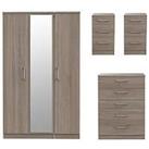 Swift Halton Part Assembled 4 Piece Package - 3 Door Mirrored Wardrobe, 5 Drawer Chest And 2 Bedside