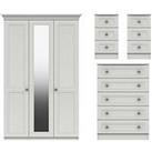 One Call Harris 4 Piece Part Assembled Package 3 Door Mirrored Wardrobe, 5 Drawer Chest And 2 Bedsid