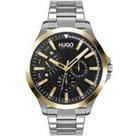 Hugo Leap Black Multi Dial Gold Tone Bezel Stainless Steel Bracelet Watch