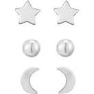 The Love Silver Collection Sterling Silver 3 Pack Moon, Star, Ball Stud Earrings