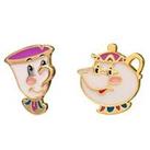 Disney Beauty And The Beast Sterling Silver Gold Plated Mrs Potts & Chip Stud Earrings