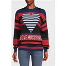 Love Moschino Striped Heart Logo Crew Neck Sweater - Red/Navy/Black
