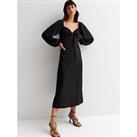 New Look Spot Jacquard Satin Long Puff Sleeve Tie Front Midi Dress - Black