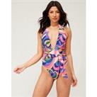 V By Very Plunge Belted Swimsuit - Multi