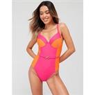 V By Very Shape Enhancing Underwired Colourblock Belted Swimsuit - Pink