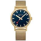 Mondaine Classic Golden 40Mm Case Deep Ocean Blue Watch With Mesh Bracelet