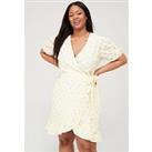 V By Very Curve Contrast Broderie Wrap Mini Dress - White/Yellow