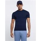 River Island Short Sleeve Pointelle Muscle Knit Tee - Navy